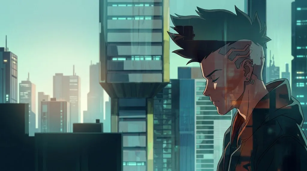 Anime-style side profile of a man with closed eyes, a circuit pattern on his shaved head and a dark hooded jacket, with teal city towers showing through him