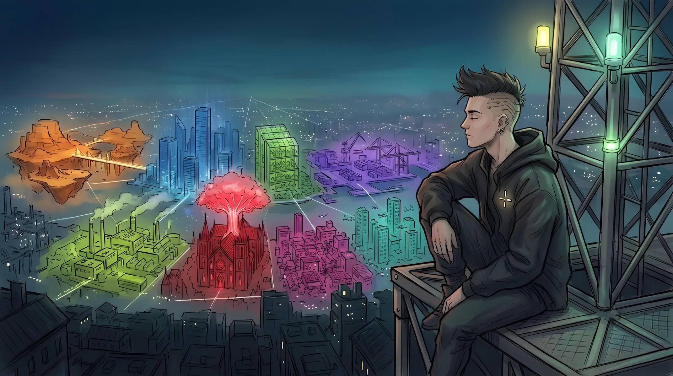 Illustration of a young man sitting on a radio tower at dusk, eyes closed, above a city of eight glowing districts joined by lines of light